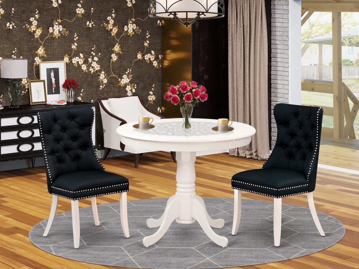 ANDA3-LWH-24 Dining Set, Linen White - A Round Kitchen Table with Pedestal & 2 Upholstered Chairs - 3 Piece