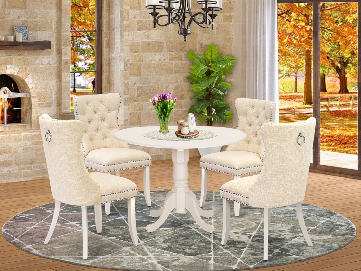 DLDA5-WHI-32 Kitchen Table Set Contains A Round Dining Table with Dropleaf & 4 Padded Chairs, Linen White - 5 Piece