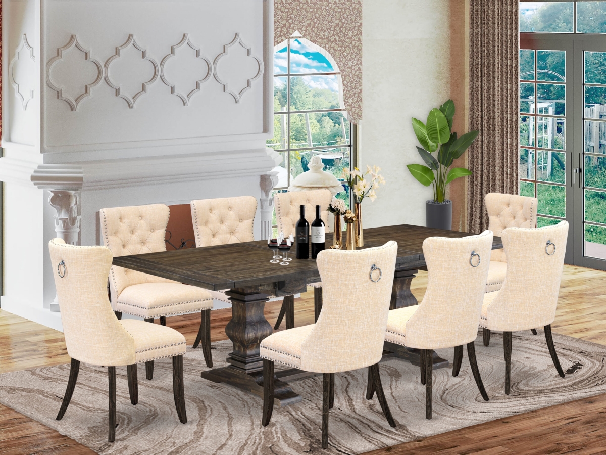 LADA9-07-T32 Kitchen Set, Jacobean - A Rectangle Dining Table with Removable Leaf & 8 Upholstered Chairs - 9 Piece