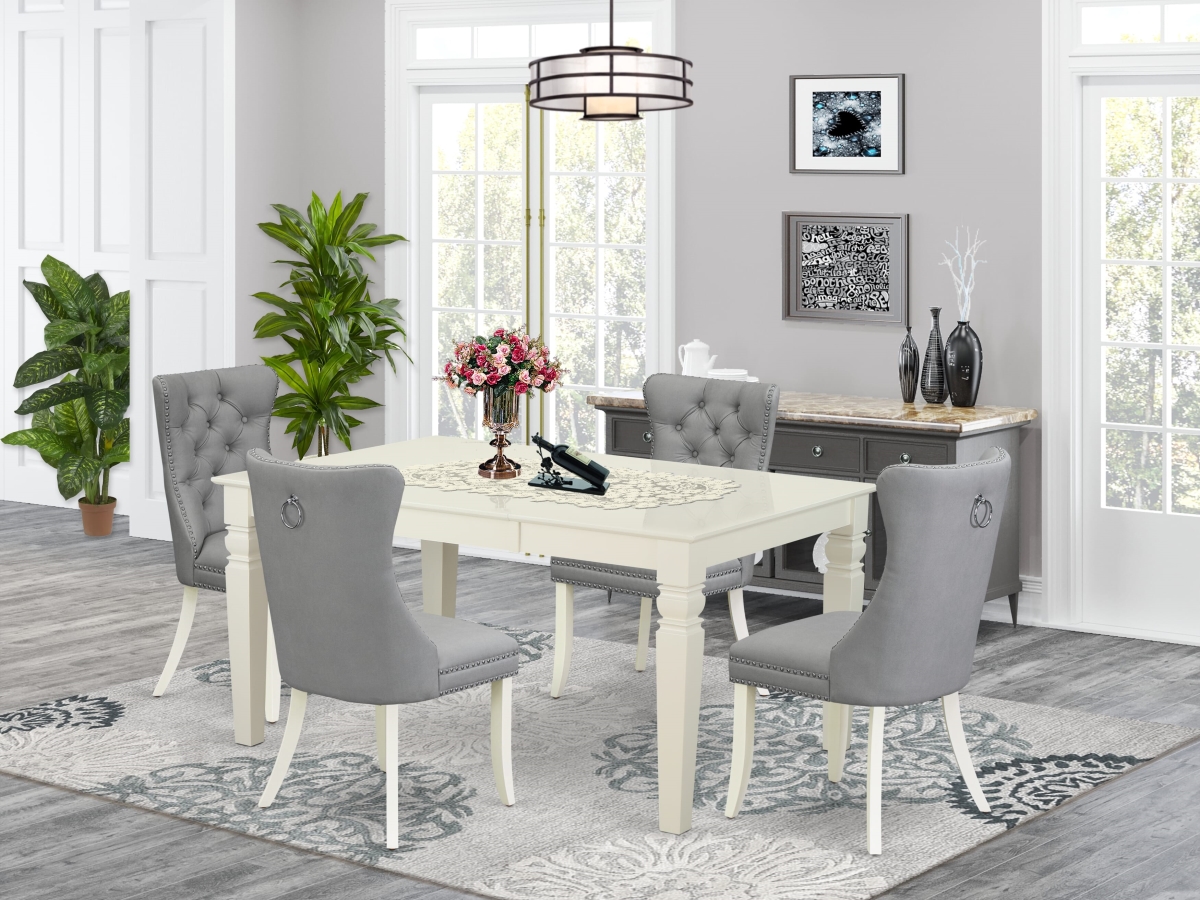 WEDA5-WHI-27 A Rectangle Wooden Table with Removable Leaf & 4 Upholstered Chairs Dining Set, Linen White - 5 Piece