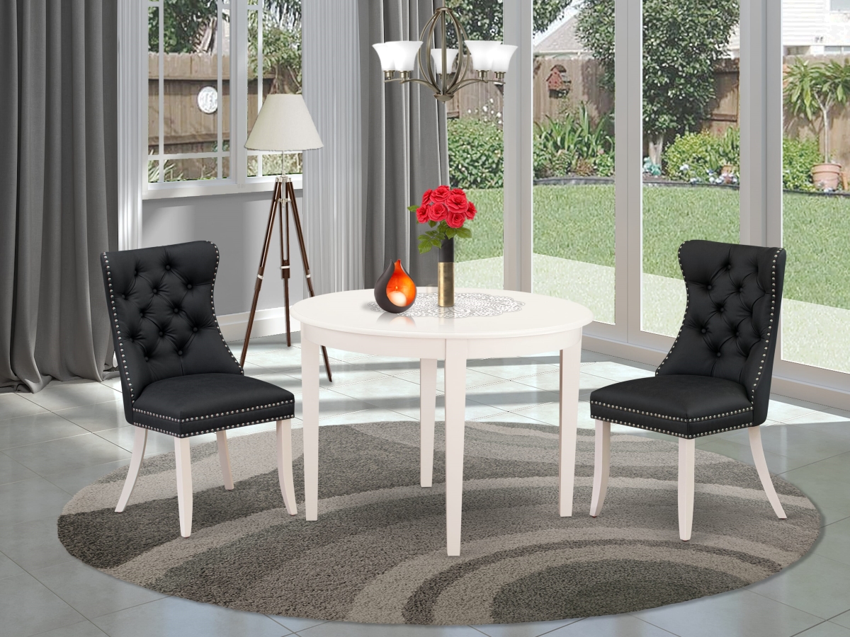 BODA3-WHI-12 Kitchen Table Set Contains A Round Dining Table & 2 Upholstered Parson Chairs, Linen White - 3 Piece