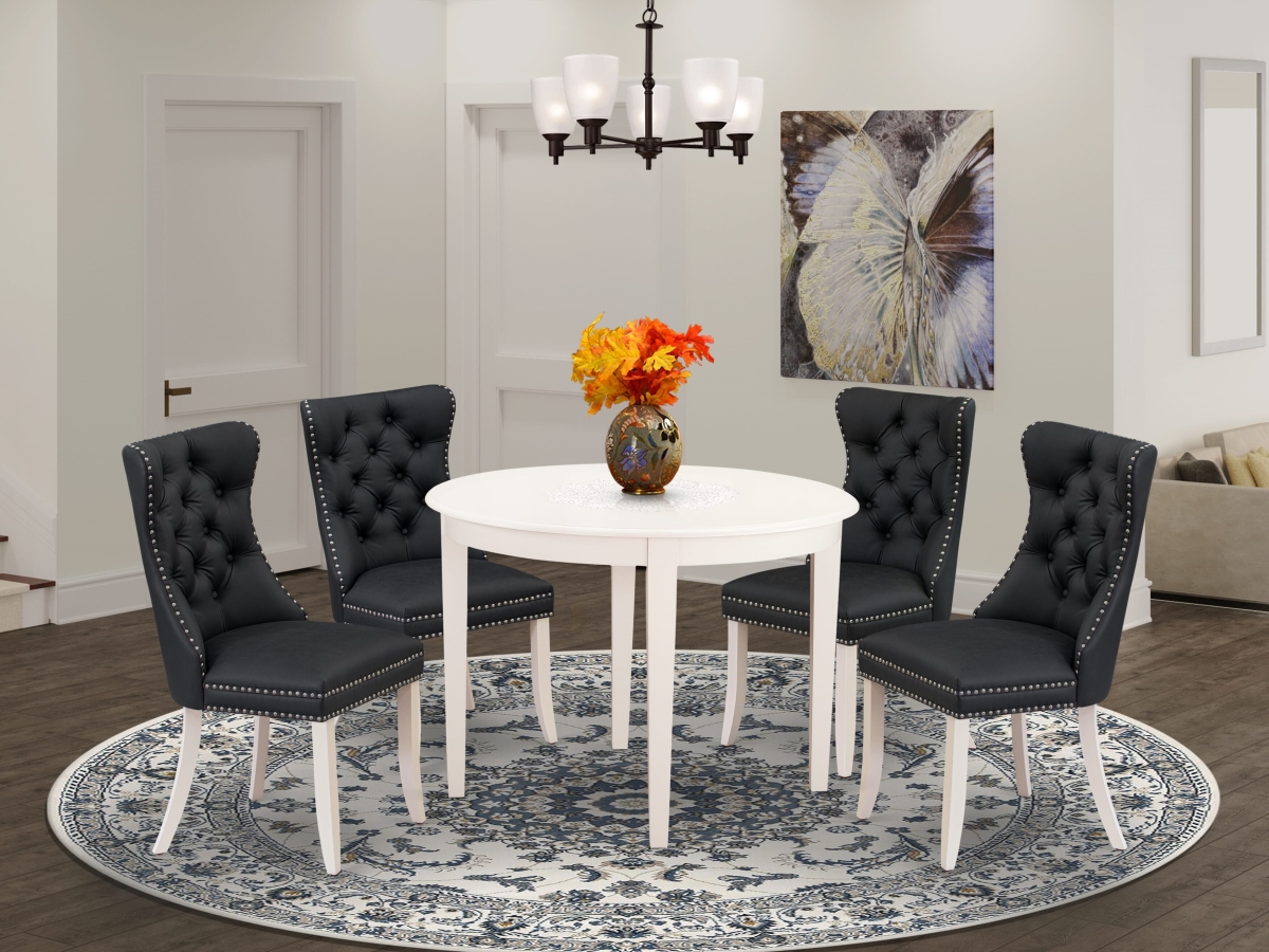 BODA5-WHI-12 Kitchen Table & Chairs Set with A Round Dining Table & 4 Upholstered Parson Chairs, Linen White - 5 Piece