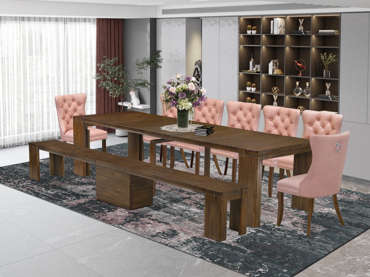 X07DA-B08-23 Extendable Dining Set, Antique Walnut - A Rectangle Xtenczar Kitchen Table - 9 Piece