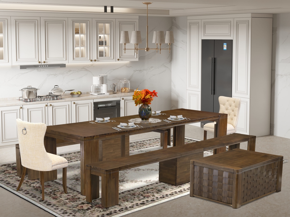 X02DA-2C8-32 A Rectangle Xtenczar Table Extendable Dining Set, Antique Walnut - 6 Piece