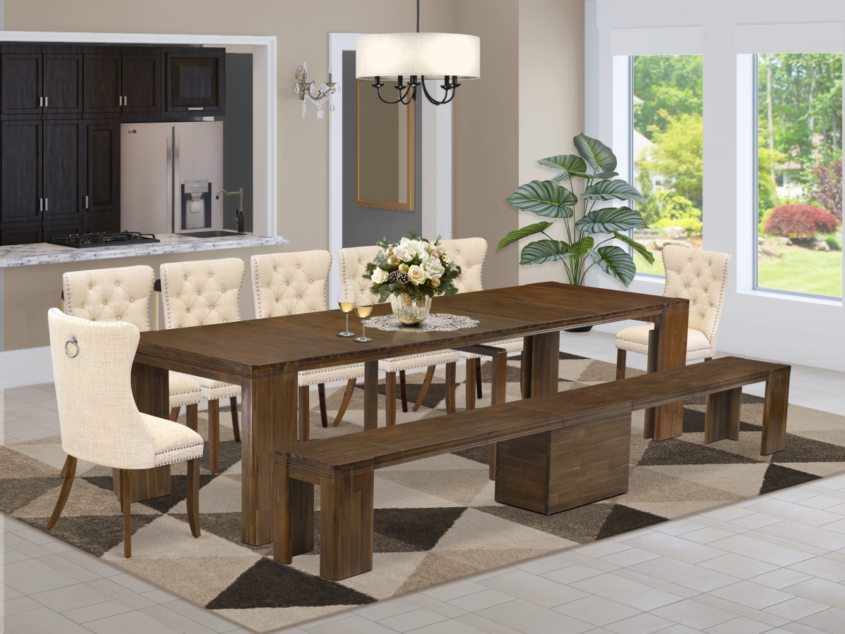 X07DA-B08-32 Extendable Dining Set, Antique Walnut - A Rectangle Xtenczar Table - 9 Piece