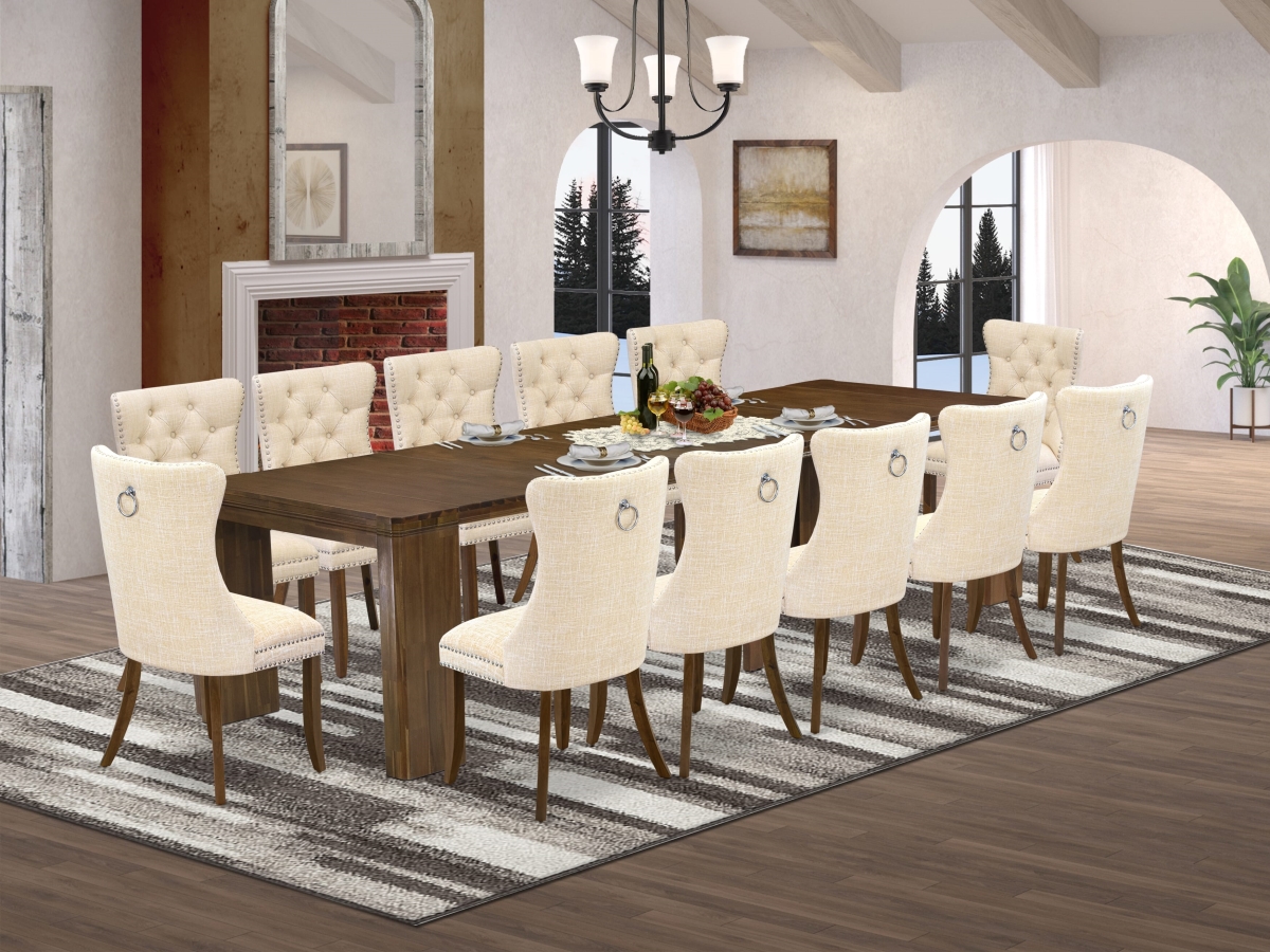 X12DA-008-32 Extendable Dining Set, Antique Walnut - A Rectangle Xtenczar Table & 12 Light Beige Linen Fabric Dining Chairs - 13 Piece