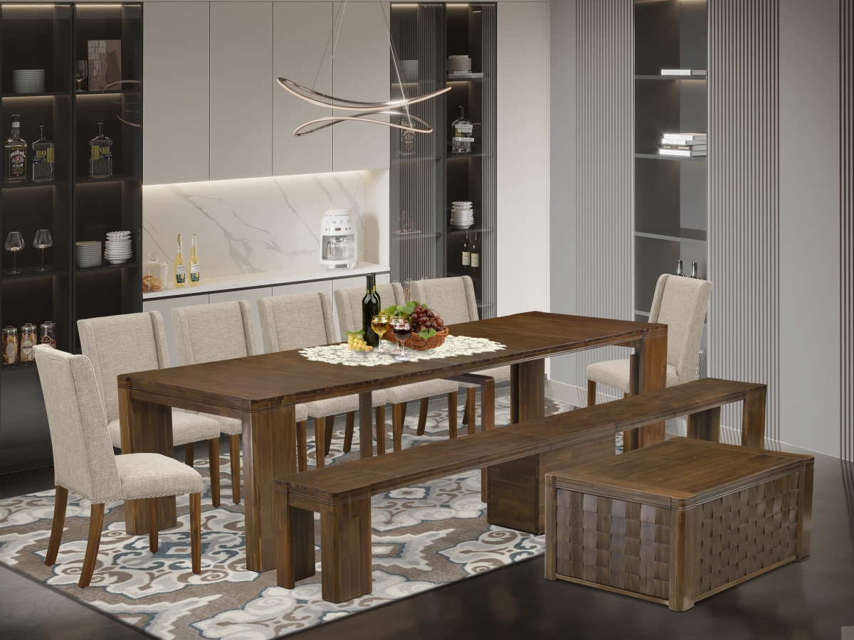 X07FL-BC8-04 Extendable Dining Set, Antique Walnut - A Rectangle Xtenczar Dining Table - 10 Piece
