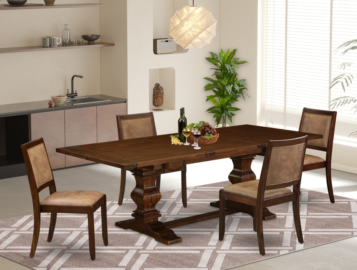 LAX25-08-28 Dining Set with A Removable Leaf Table & 4 Brown Texture Leather Stackable Chair, Antique Walnut - 5 Piece