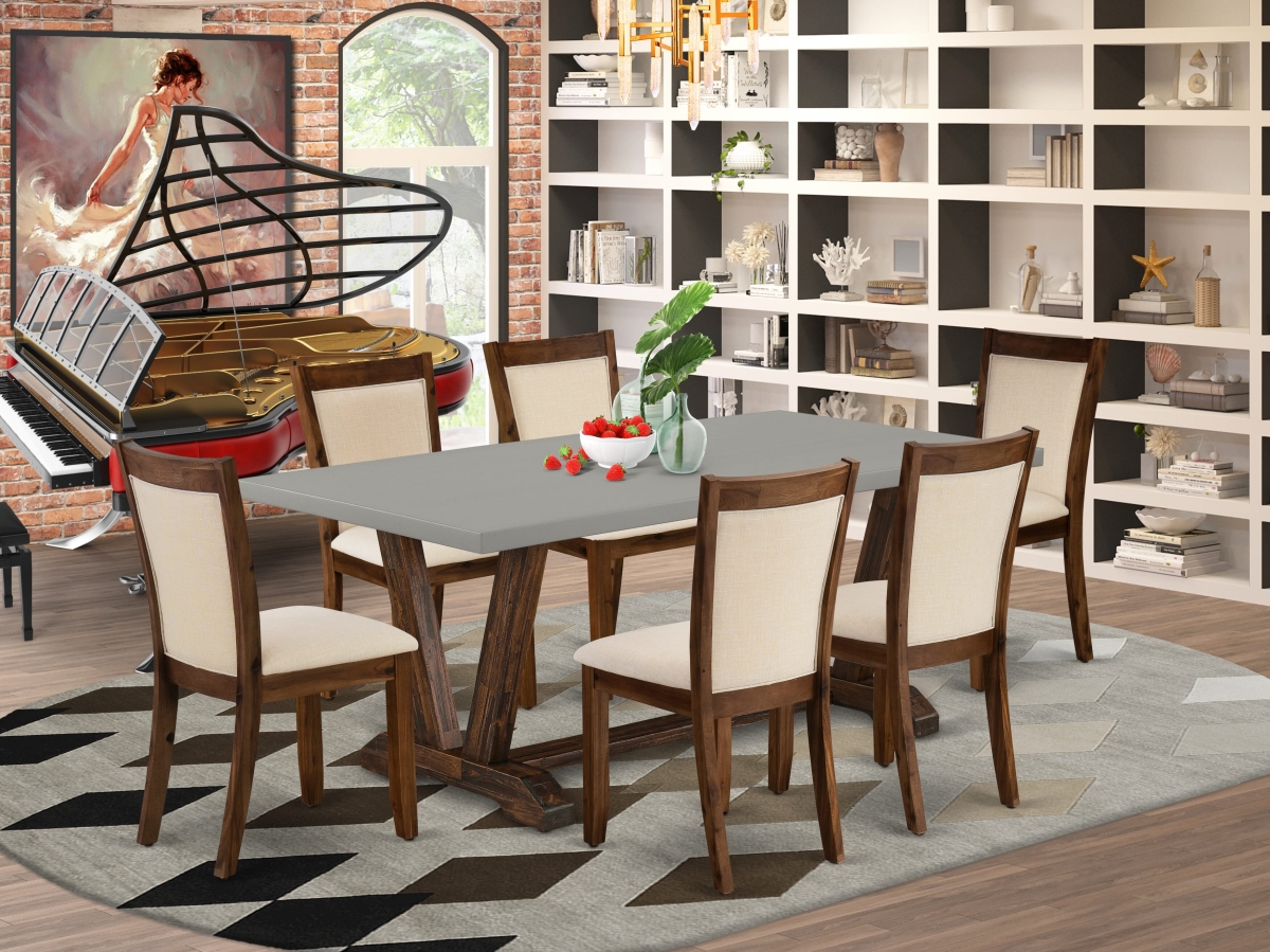 V797MZN32-7 Mid Century Dining Set, Multi-Color - A Rectangular Table & 6 Light Beige Dining Chairs - 7 Piece