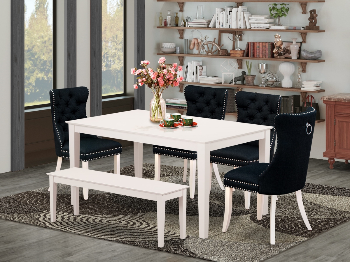CADA6-LWH-24 Kitchen Table Set with A Rectangle Dining Room Table & 4 Chairs with A Bench, Linen White - 6 Piece