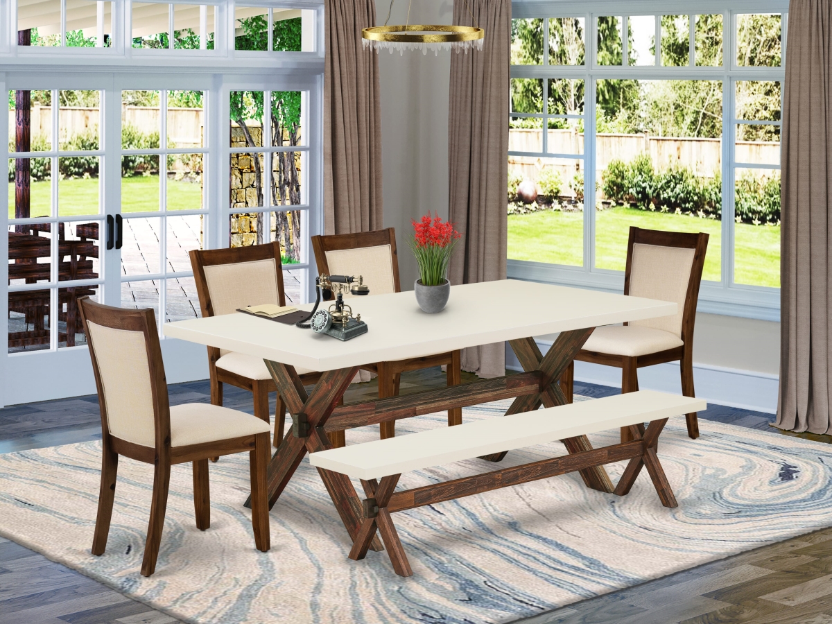 X727MZN32-6 Kitchen Table Set, Multi-Color - A Table & A Wood Bench with 4 Light Beige Parson Chairs - 6 Piece
