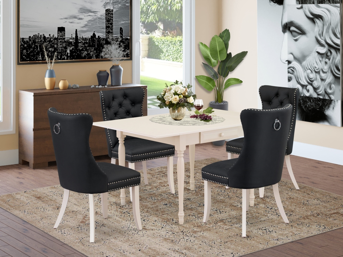 MZDA5-LWH-12 Dining Room Set Contains A Rectangle Kitchen Table with Dropleaf & 4 Upholstered Chairs, Linen White - 5 Piece