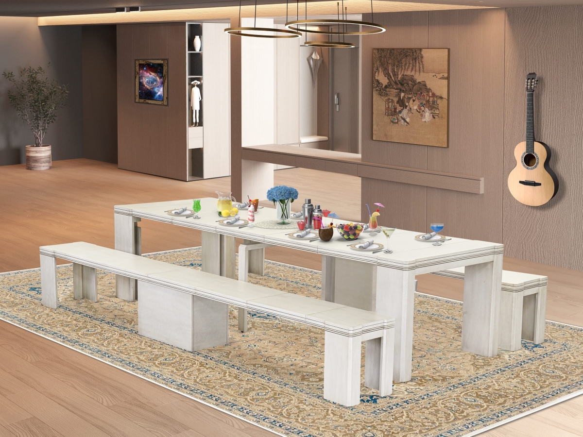 X0000-20W-00 Extendable Dining Set, Antique White - 1 Extendable Table & 2 Modern Benches - 3 Piece