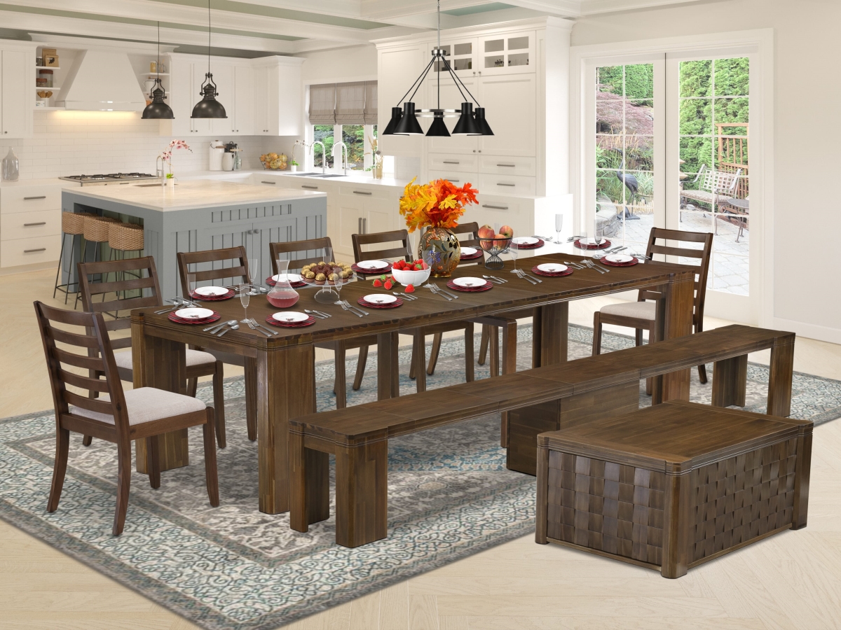 Extendable Dining Set, Antique Walnut - 1 Rectangle Xtenczar Kitchen Table - 1 Coffee Table - 7 Light Tan Fabric Stackable Chairs & 1 Bench
