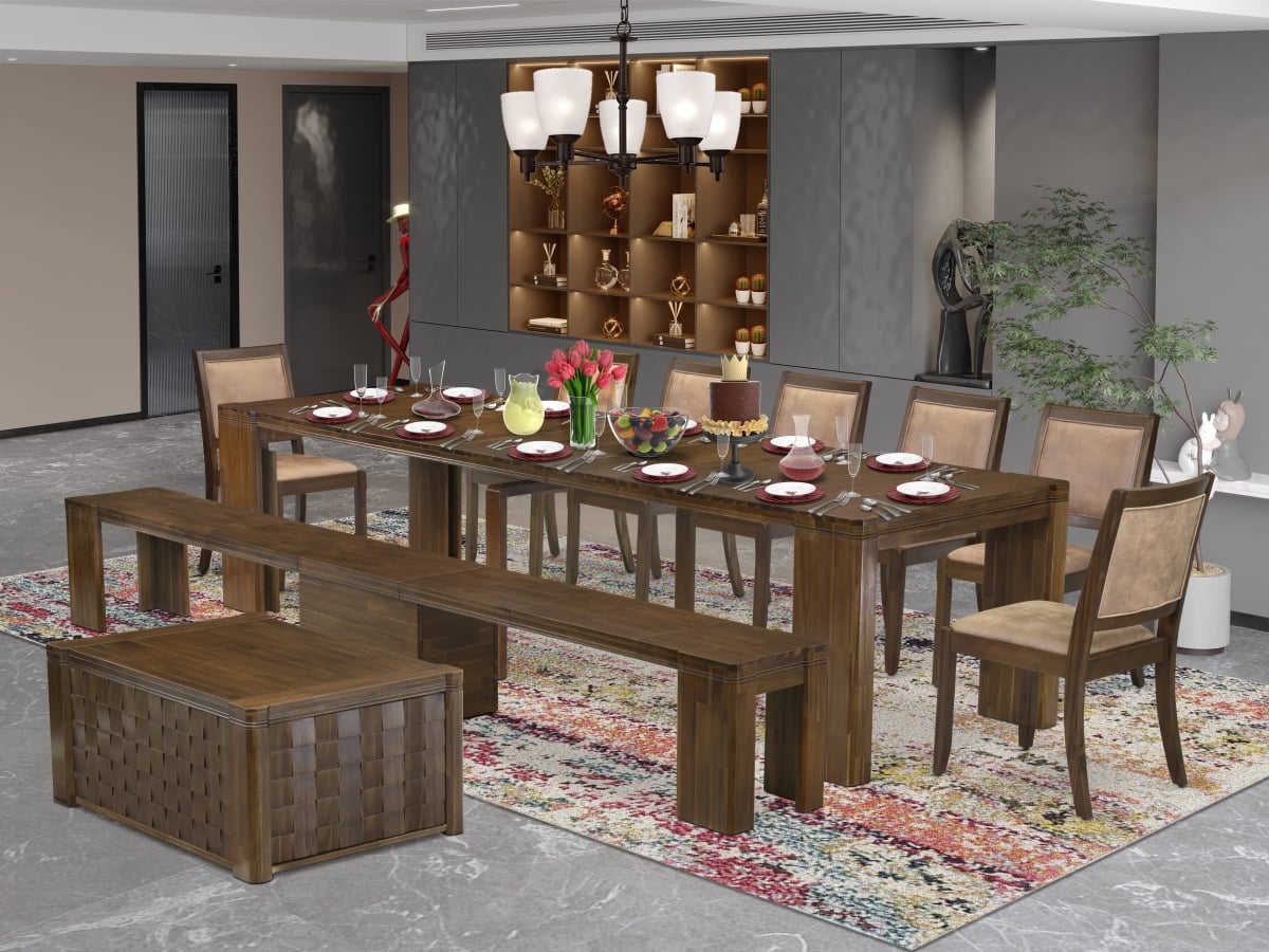 Extendable Dining Set, Antique Walnut - A Rectangle Xtenczar Table - 1 Coffee Table - 7 Brown Textured Leather Stackable Chairs & 1 Modern Bench