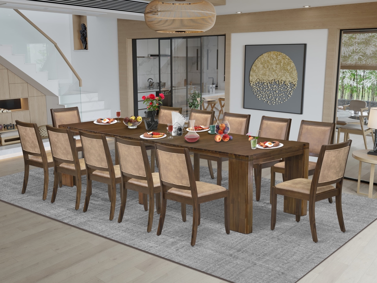 Extendable Dining Set, Antique Walnut - A Rectangle Xtenczar Kitchen Table & 12 Brown Textured Faux Leather Stackable Dining Chairs - 3 Piece