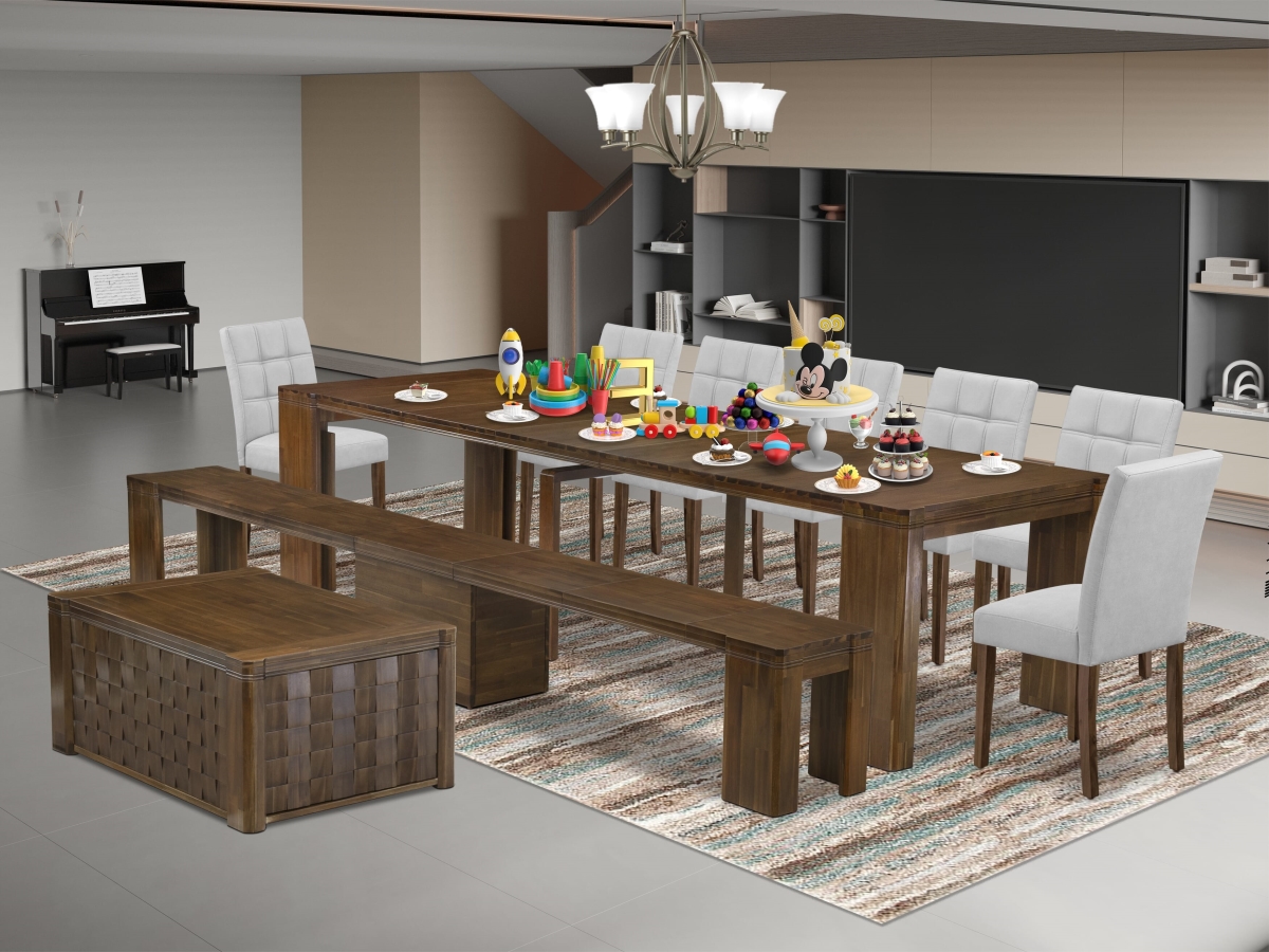 Extendable Dining Set, Antique Walnut - A Rectangle Xtenczar Kitchen Table - 1 Coffee Table - 7 Mist Beige Fabric Dining Chairs & 1 Modern Bench