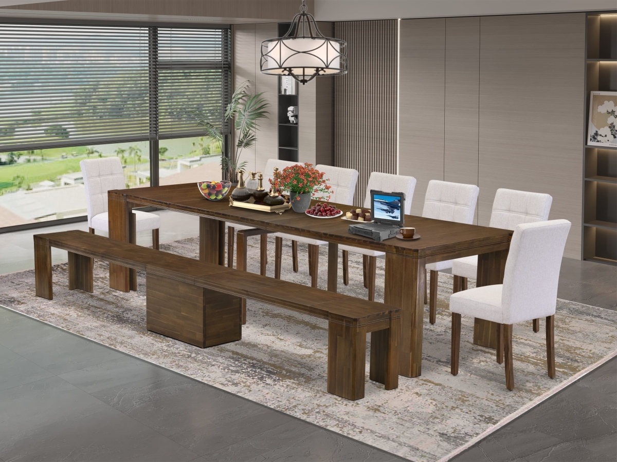 Extendable Dining Set, Antique Walnut - A Rectangle Xtenczar Kitchen Table - 7 Light Gray Faux Leather Dining Chairs & 1 Modern Bench - 9 Piece