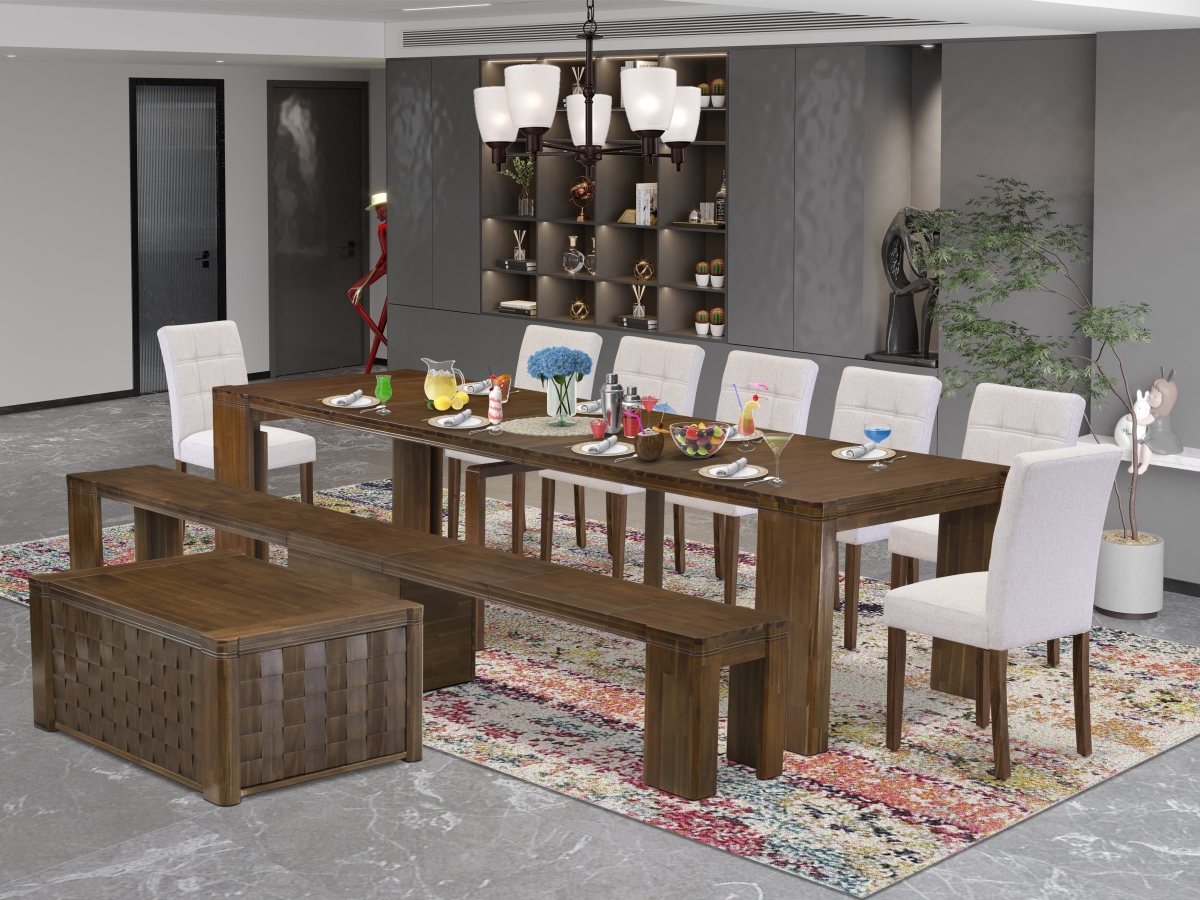 Extendable Dining Set, Antique Walnut - A Rectangle Xtenczar Kitchen Table - 1 Coffee Table - 7 Light Gray Leather Chairs & 1 Modern Bench