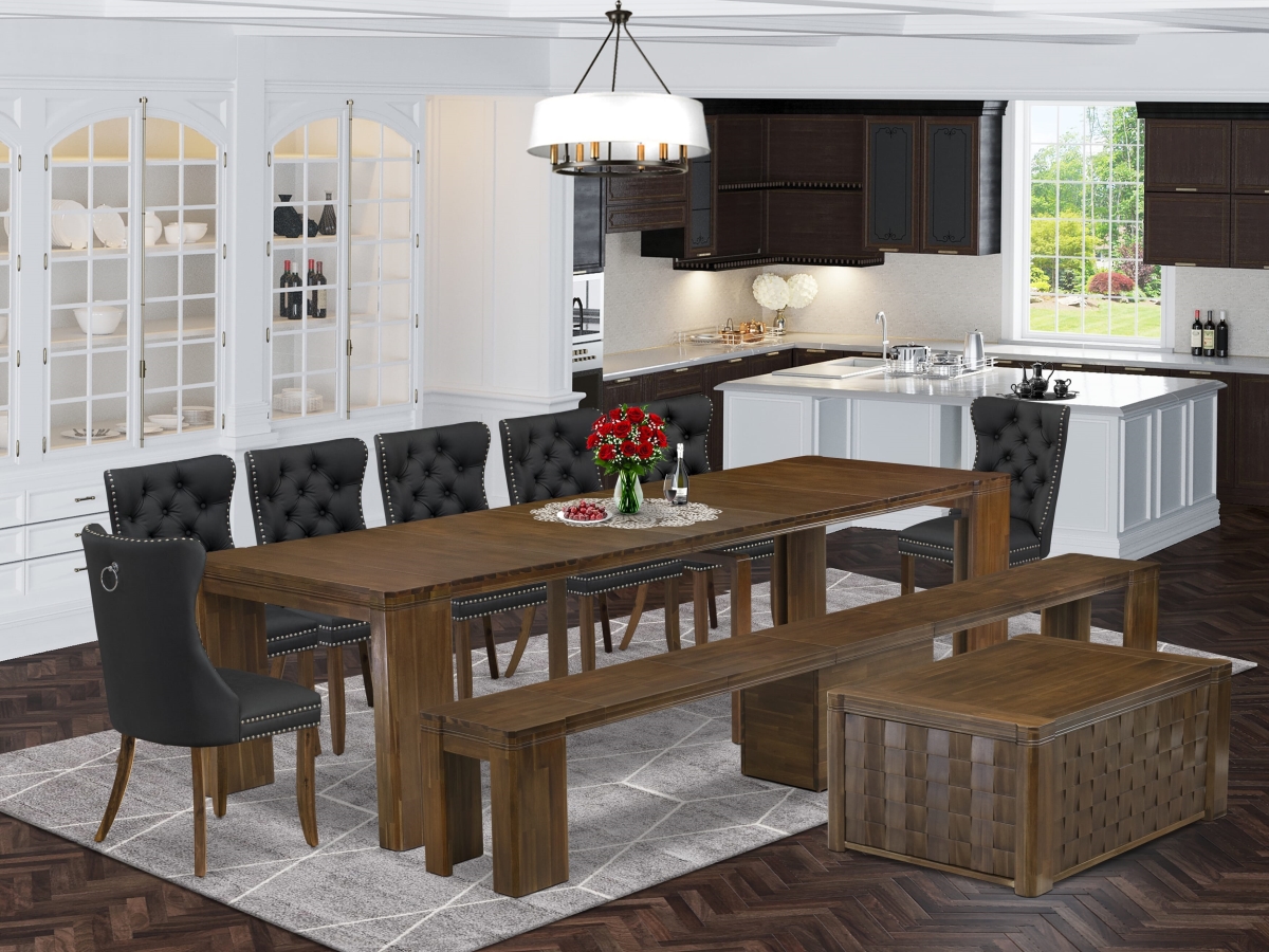 Extendable Dining Set, Antique Walnut - A Rectangle Xtenczar Kitchen Table - 1 Coffee Table - 7 Dark Gray Leather Chairs & 1 Modern Bench