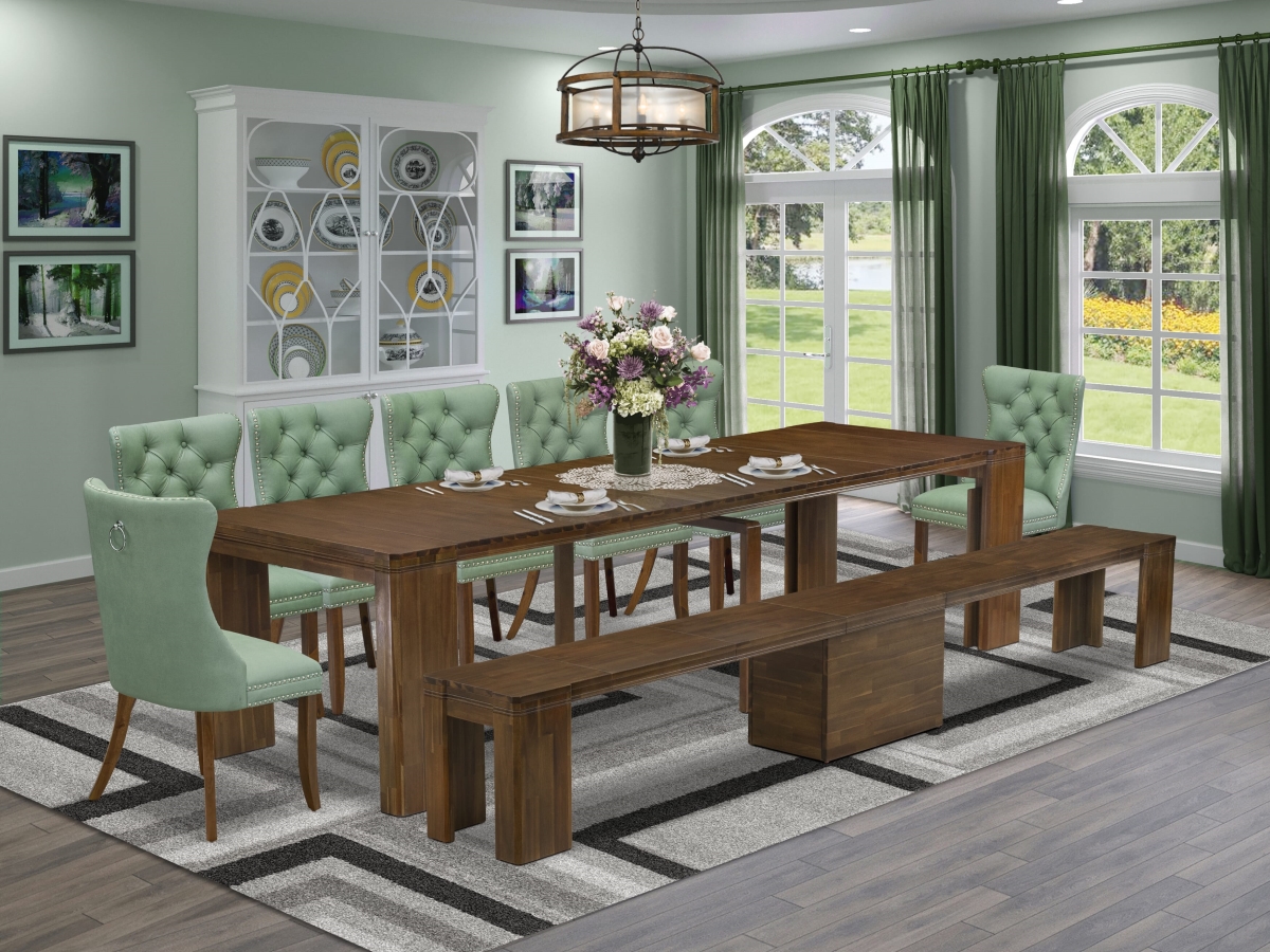 Extendable Dining Set, Antique Walnut - A Rectangle Xtenczar Table - 7 Willow Green Faux Leather Dining Chairs & 1 Modern Bench - 9 Piece