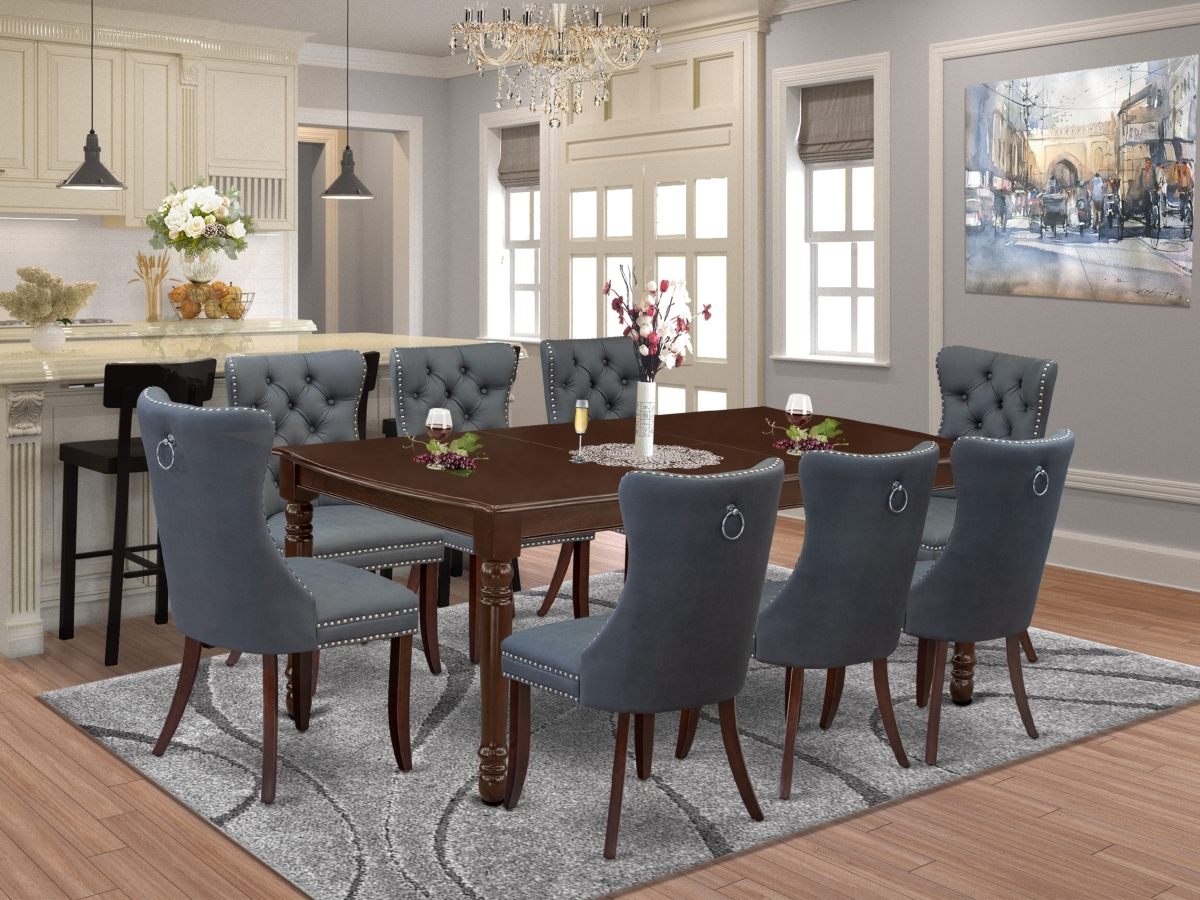 DODA9-MAH-13 Dining Set, Mahogany - A Rectangle Solid Wood Table with Removable Leaf & 8 Upholstered Chairs - 9 Piece