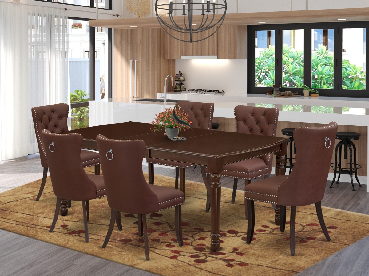 DODA7-MAH-26 Dining Set, Mahogany - A Rectangle Wooden Table with Removable Leaf & 6 Upholstered Chairs - 7 Piece