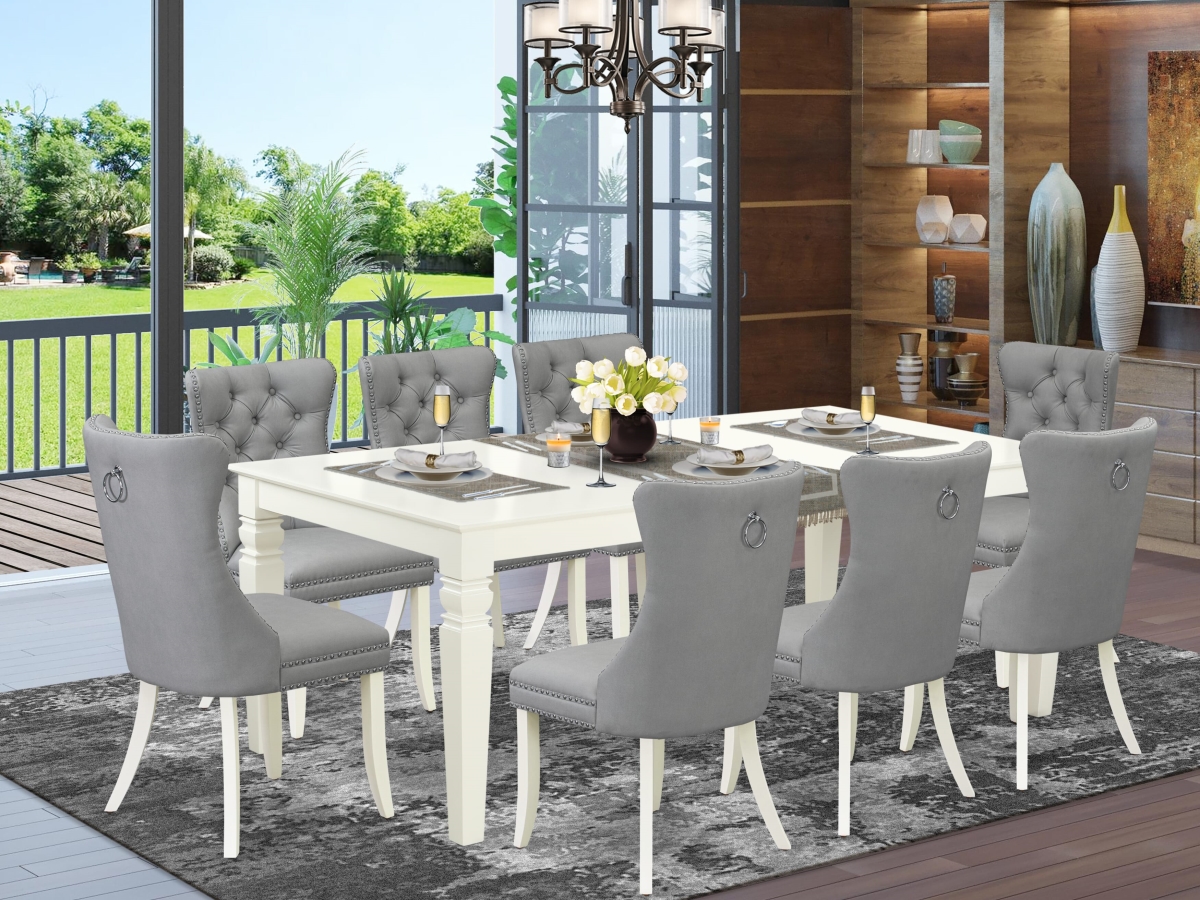 LGDA9-LWH-27 Dining Set, Linen White - A Rectangle Kitchen Table with Removable Leaf & 8 Upholstered Chairs - 9 Piece