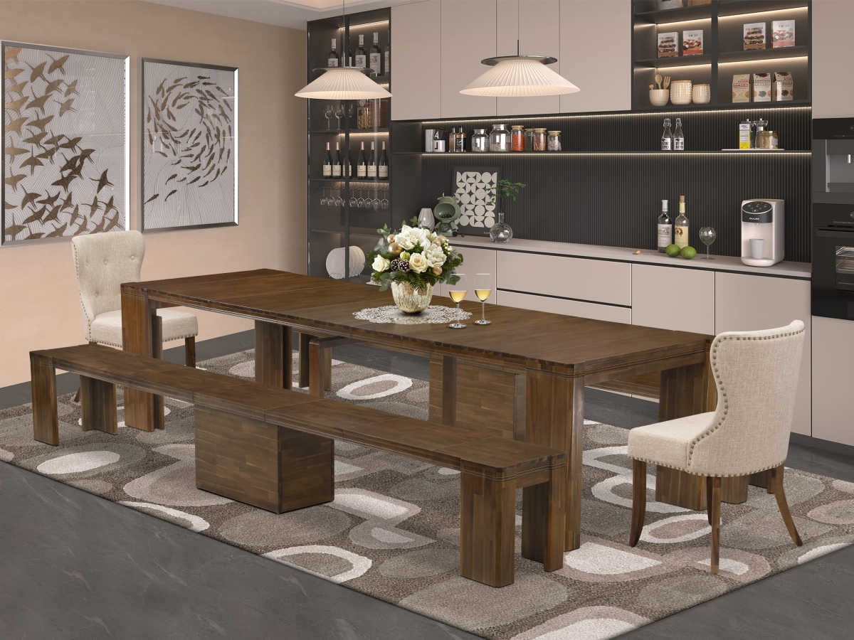 Extendable Dining Set, Antique Walnut - A Rectangle Xtenczar Table - 2 Light Tan Linen Fabric Dining Chairs & 2 Modern Benches - 5 Piece