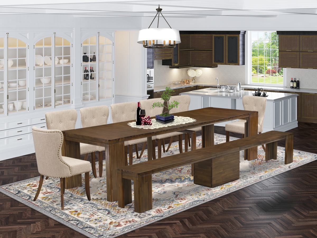 Extendable Dining Set, Antique Walnut - A Rectangle Xtenczar Kitchen Table - 7 Light Tan Linen Fabric Dining Chairs & 1 Modern Bench - 9 Piece