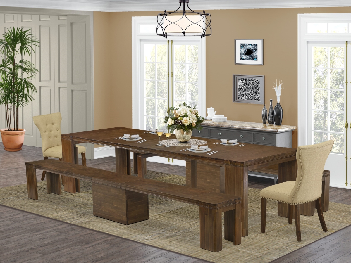 X02GA-208-03 Extendable Dining Set, Antique Walnut - A Rectangle Xtenczar Table - 2 Brown Linen Fabric Dining Chairs & 2 Modern Benches - 5 Piece