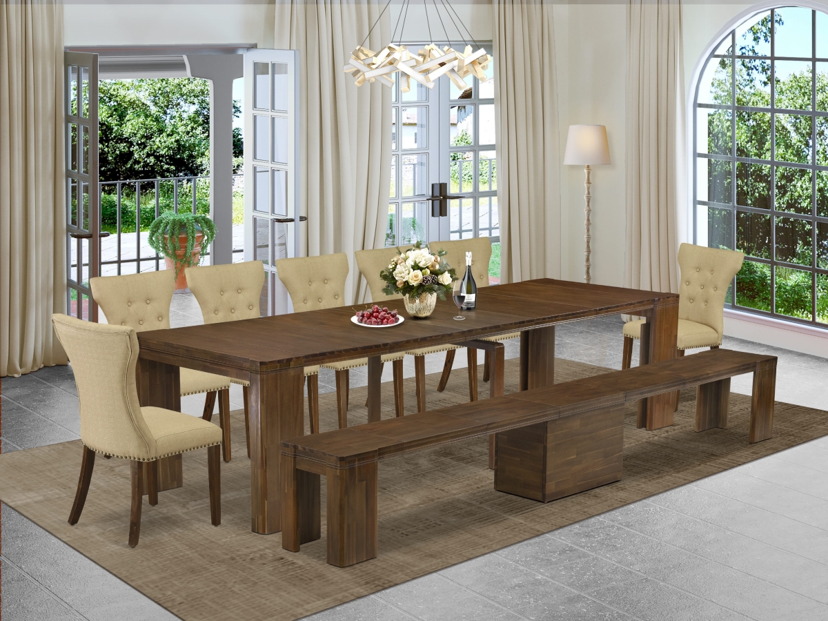 X07GA-B08-03 Extendable Dining Set, Antique Walnut - A Rectangle Xtenczar Table - 7 Brown Linen Fabric Dining Chairs & 1 Modern Bench - 9 Piece
