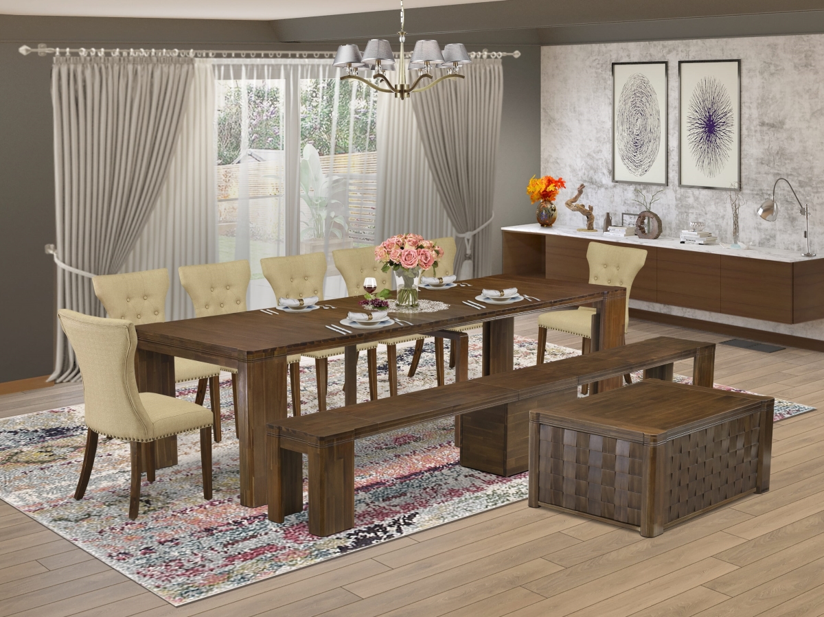 Extendable Dining Set, Antique Walnut - A Rectangle Xtenczar Kitchen Table - 1 Coffee Table - 7 Brown Fabric Dining Chairs & 1 Modern Bench