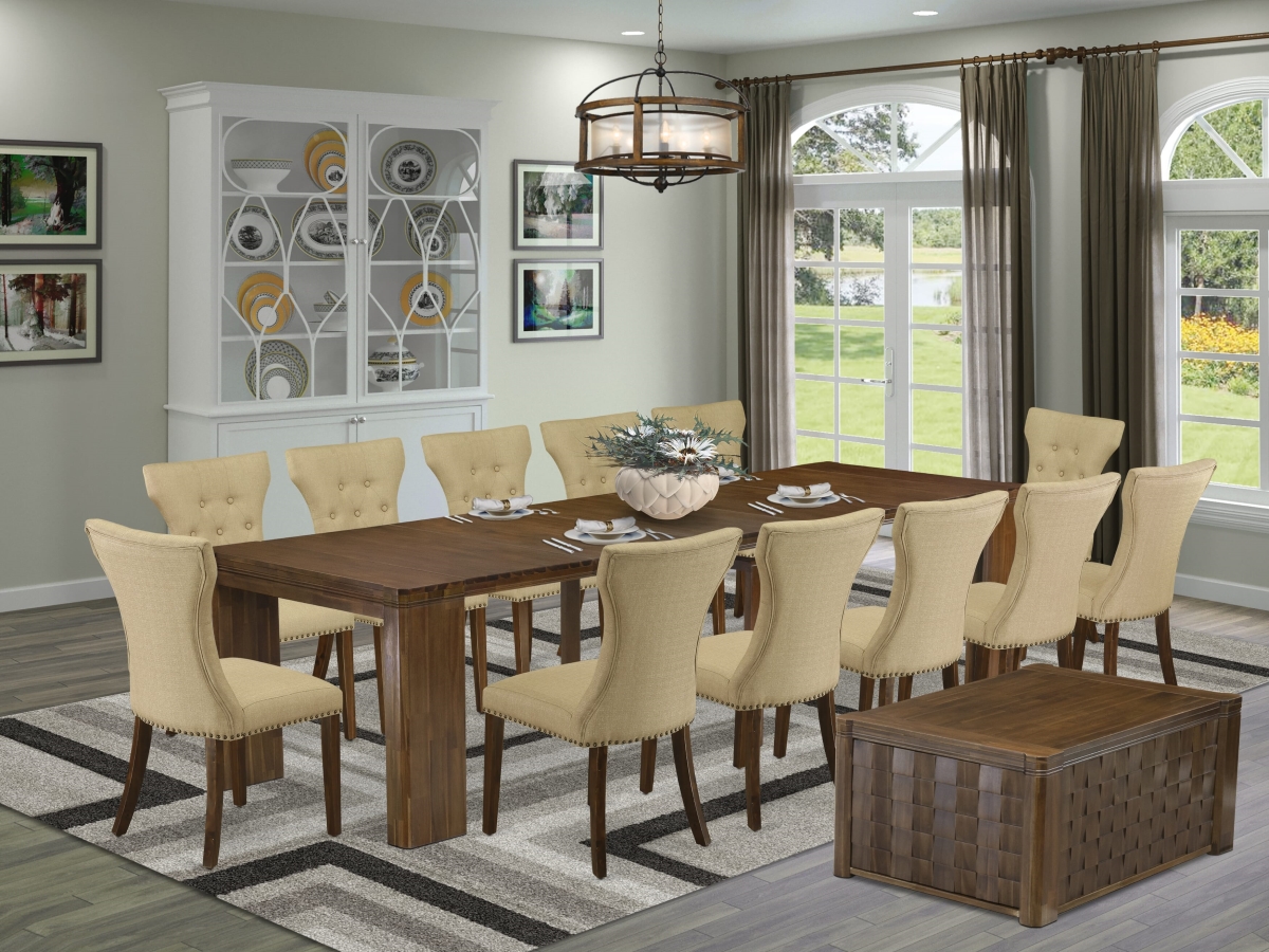 X12GA-0C8-03 Extendable Dining Set, Antique Walnut - A Rectangle Xtenczar Table - 1 Coffee Table & 12 Brown Linen Fabric Dining Chairs - 4 Piece