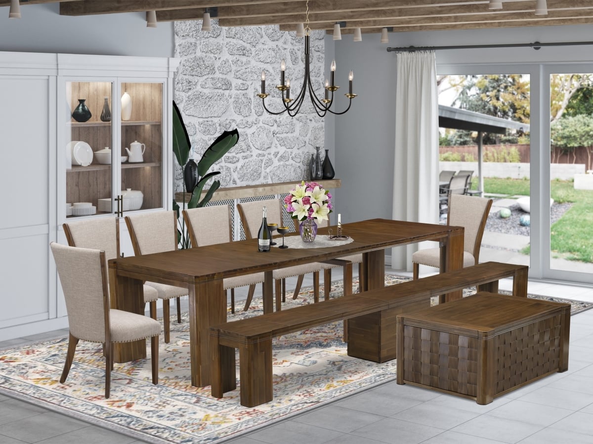 Extendable Dining Set, Antique Walnut - A Rectangle Xtenczar Dining Table - 1 Coffee Table - 7 Light Tan Fabric Dining Chairs & 1 Modern Bench