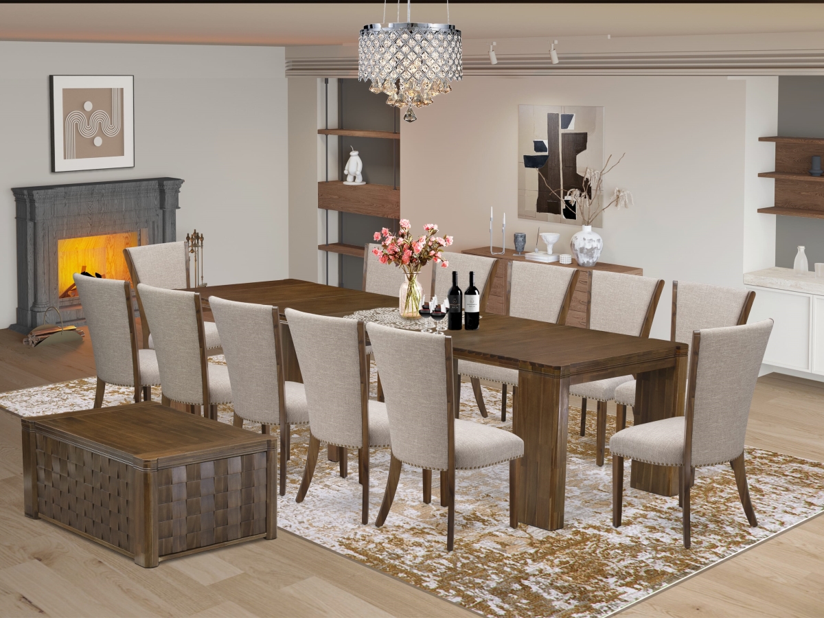Extendable Dining Set, Antique Walnut - A Rectangle Xtenczar Dining Table - 1 Coffee Table & 12 Light Tan Linen Fabric Dining Chairs - 4 Piece