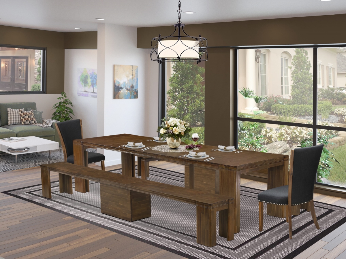 Extendable Dining Set, Antique Walnut - A Rectangle Xtenczar Dining Table - 2 Black Linen Fabric Dining Chairs & 2 Modern Benches - 5 Piece