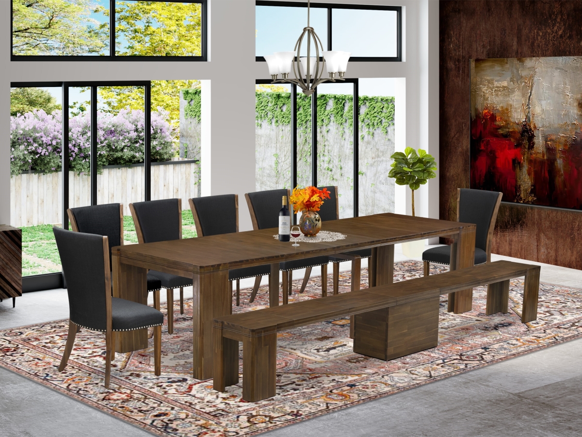 Extendable Dining Set, Antique Walnut - A Rectangle Xtenczar Dining Table - 7 Black Linen Fabric Dining Chairs & 1 Modern Bench - 9 Piece
