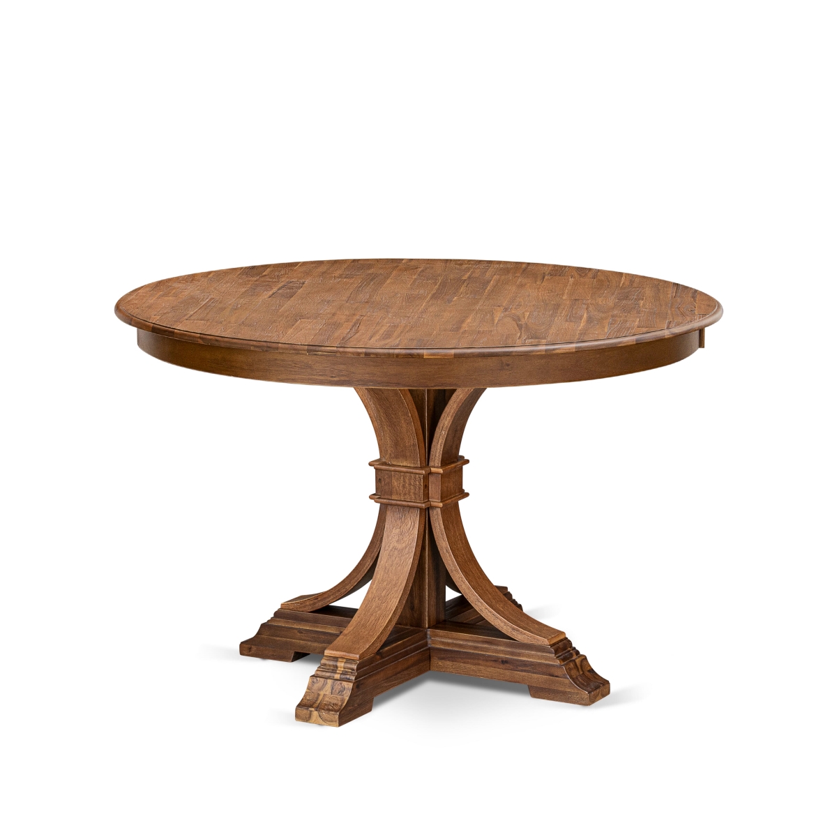 FE7-0N-TP Modern Dining Table with Round Tabletop & Elegant Pedestal Base - Antique Walnut