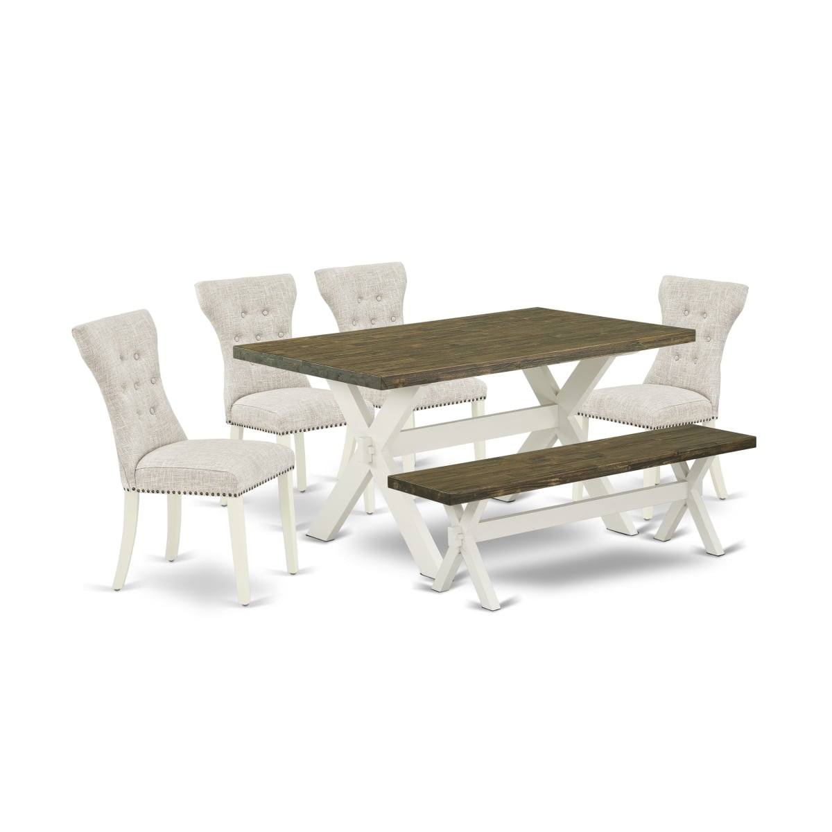 6 Piece Dining Table Set-Doeskin Linen Fabric Seat & Button Tufted Chair Back Modern Dining Chairs - Distressed Jacobean & Linen White Finish