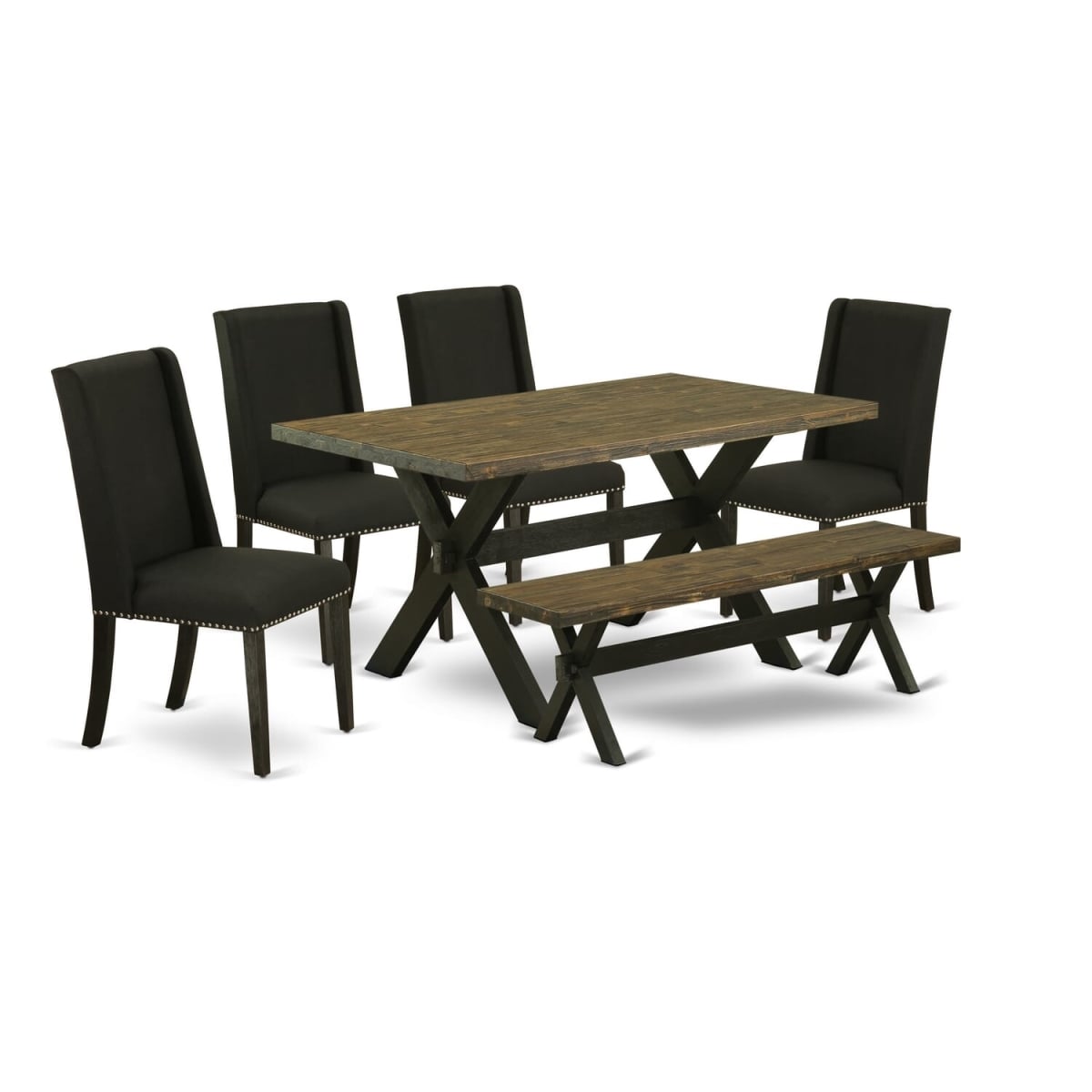 6 Piece Dining Table Set-Black Linen Fabric Seat & High Stylish Chair Back Dining Room Chairs - Distressed Jacobean & Wire Brushed Black Finish