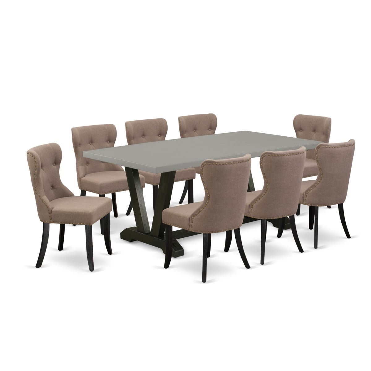 9 Piece Dining Table Set- 8 Upholstered Dining Chairs with Coffee Linen Fabric Seat & Button Tufted Chair Back - Cement & Wire Brushed Black Finish