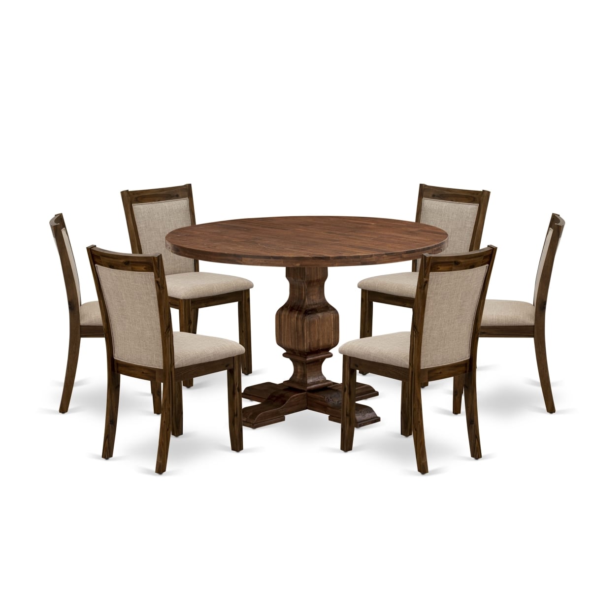 I3MZ7-N04 7 Piece Dining Room Set - Round Wood Dining Table & 6 Light Tan Parson Chairs with High Back - Antique Walnut Finish