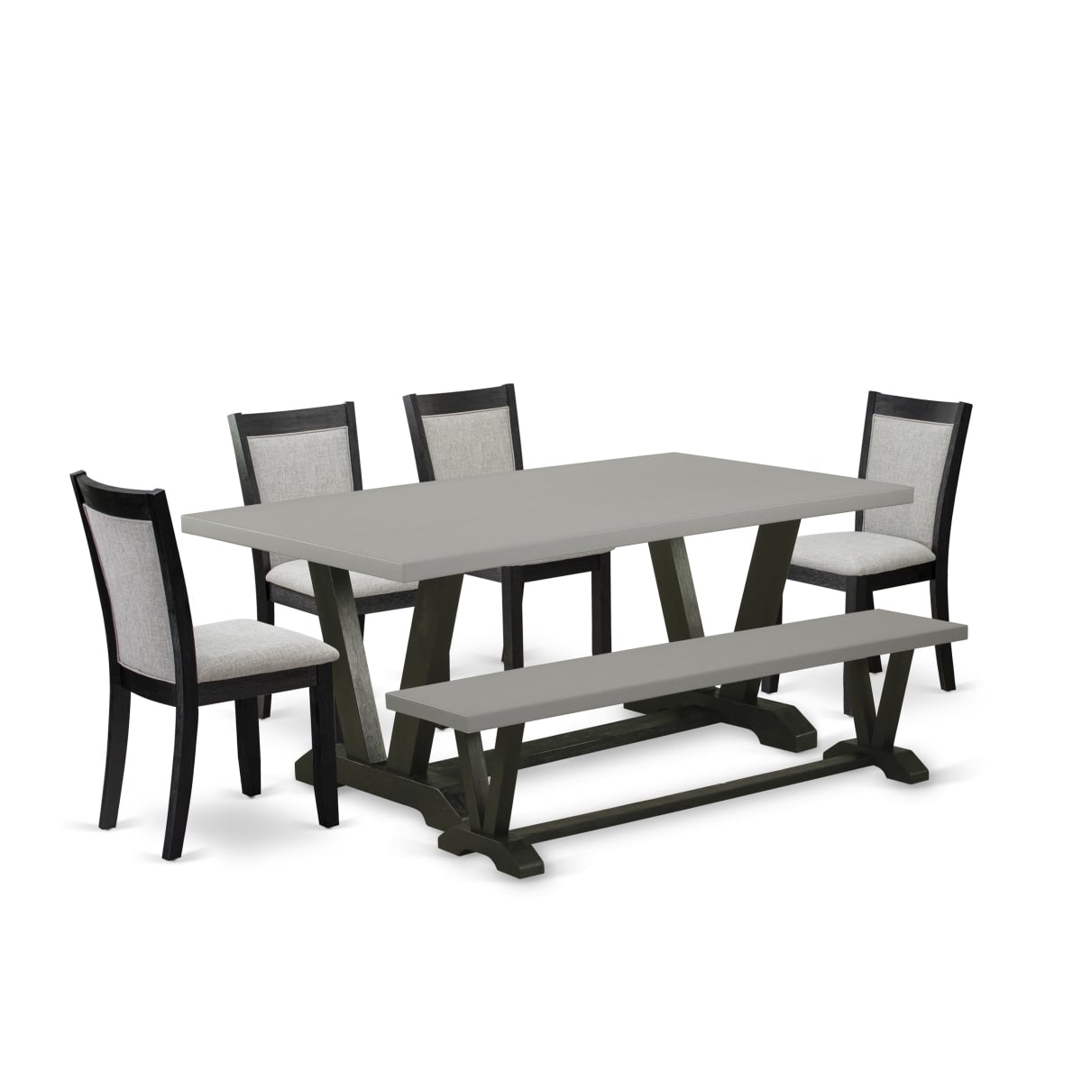 V697MZ606-6 6 Piece Dining Set - Cement Dining Table with A Kitchen Bench & 4 Shitake Parson Chairs - Wire Brushed Black Finish
