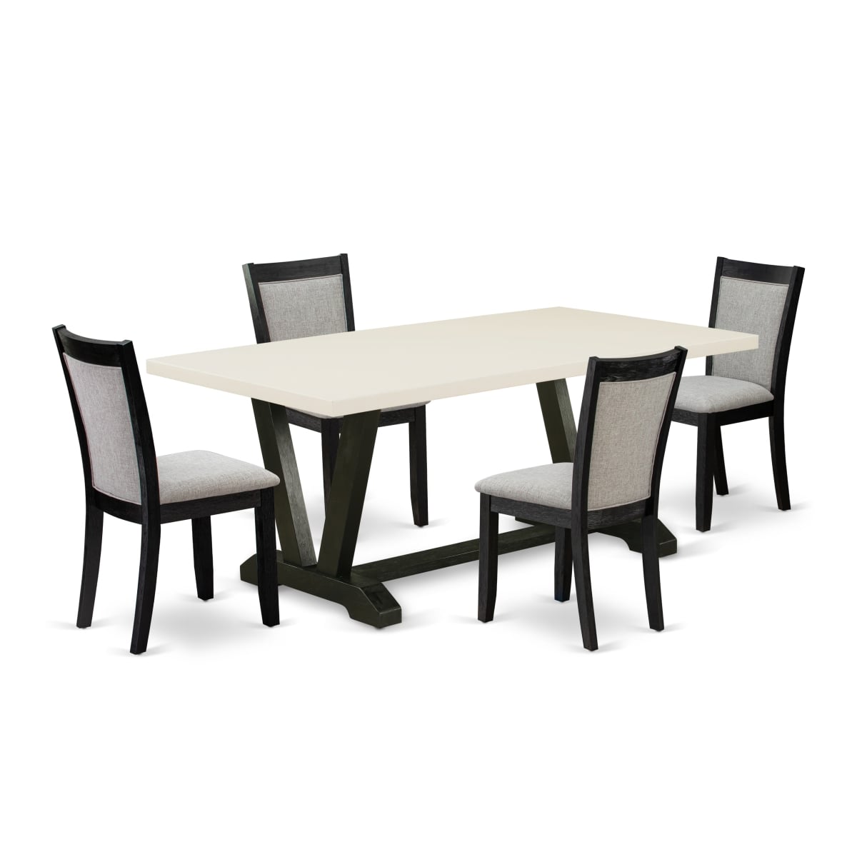 V627MZ606-5 5 Piece Dining Table Set - Linen White Dining Table with 4 Shiitake Linen Fabric Parson Chairs - Wire Brushed Black Finish