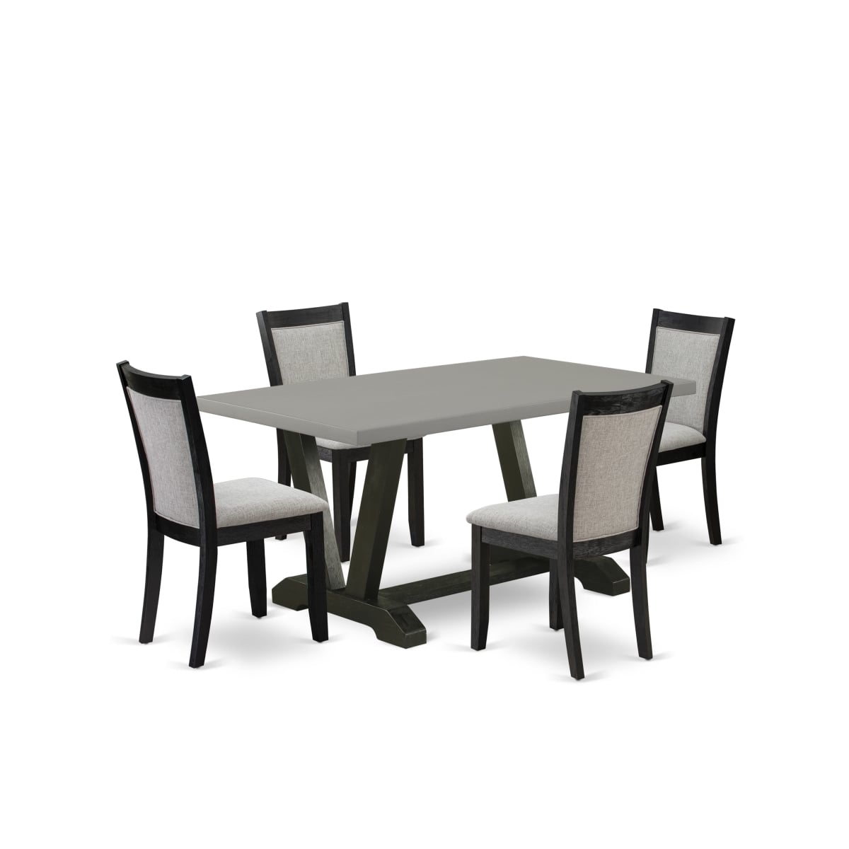 V696MZ606-5 5 Piece Dining Table Set - Cement Dining Table with 4 Shiitake Linen Fabric Dining Chairs - Wire Brushed Black Finish