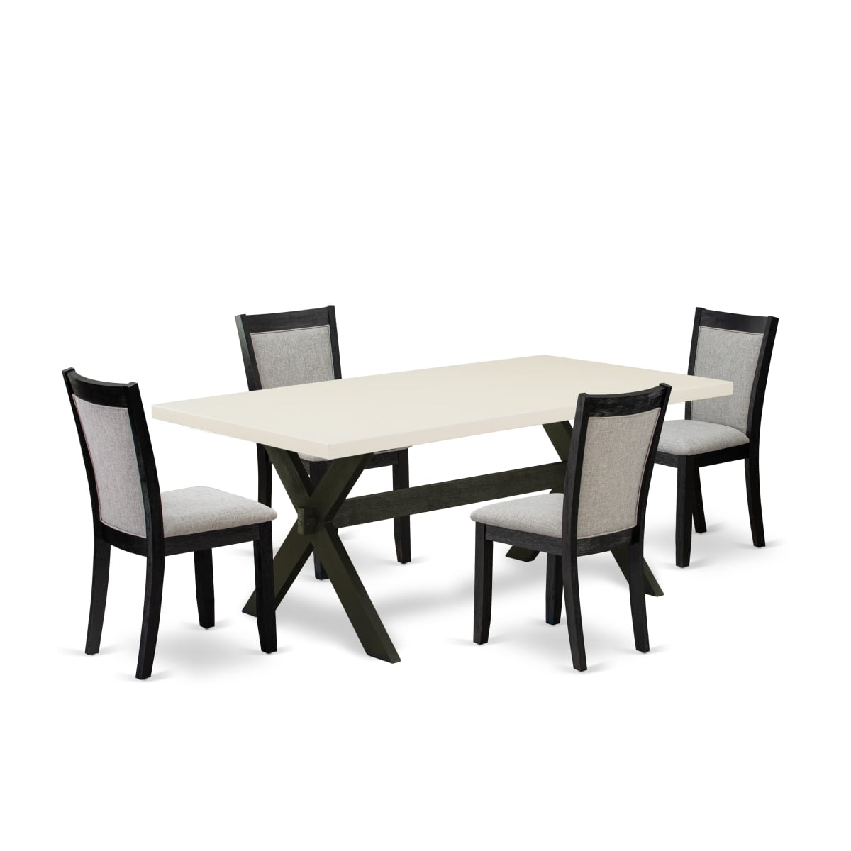 X627MZ606-5 5 Piece Dining Set - Linen White Wood Dining Table with 4 Shiitake Linen Fabric Parson Chairs - Wire Brushed Black Finish