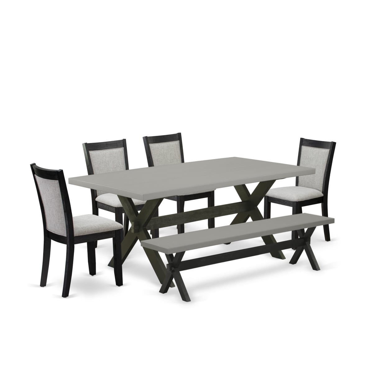 X697MZ606-6 6 Piece Dining Room Set - Cement Dining Table with A Wood Bench & 4 Shiitake Kitchen Chairs - Wire Brushed Black Finish
