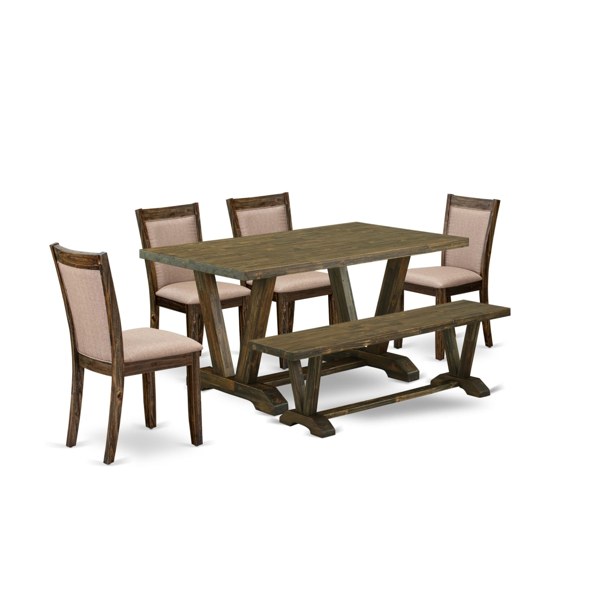 V776MZ716-6 6 Piece Dining Table Set- A Dining Table In Trestle Base with Bench & 4 Parsons Chairs - Distressed Jacobean Finish