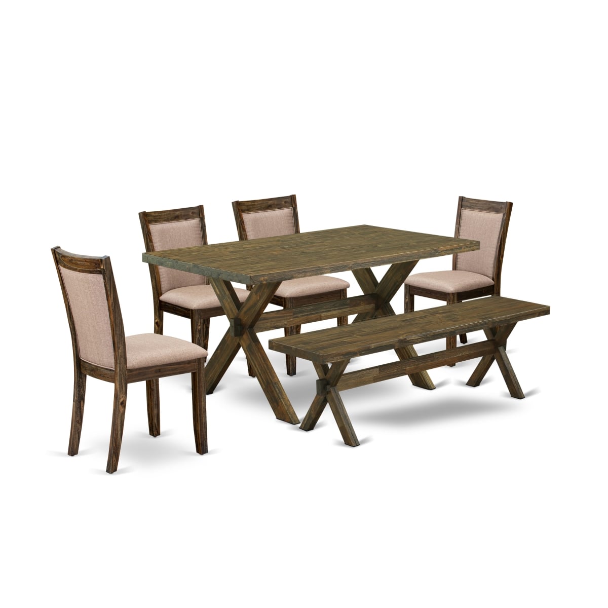 X776MZ716-6 6 Piece Dining Table Set- A Wood Table In Trestle Base with Rustic Bench & 4 Dining Chairs - Distressed Jacobean Finish